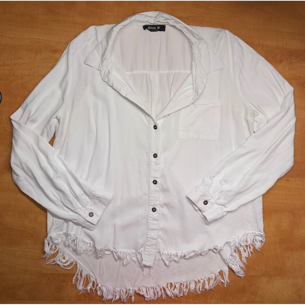 Blue B Collection White Fringe Hem Button Down Shirt Rayon Tencel Medium